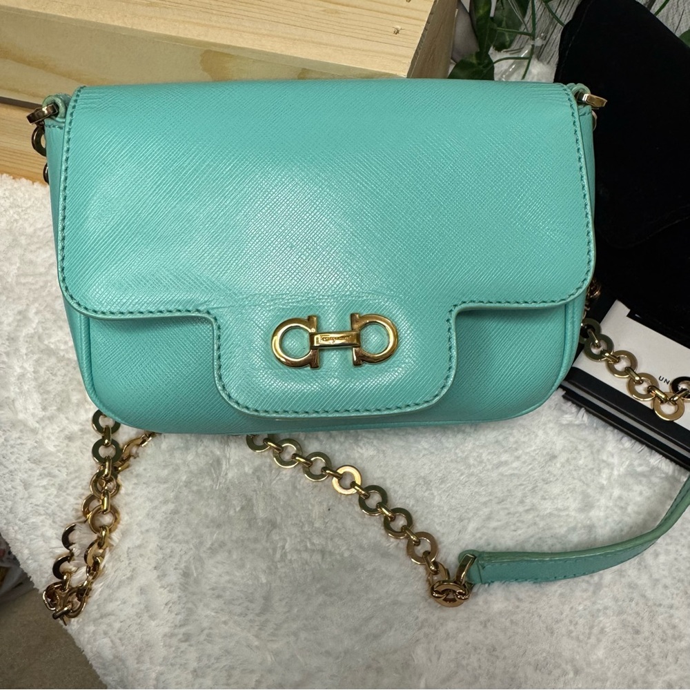 Salvatore Ferragamo Teal Leather Crossbody Bag with Gold Chain